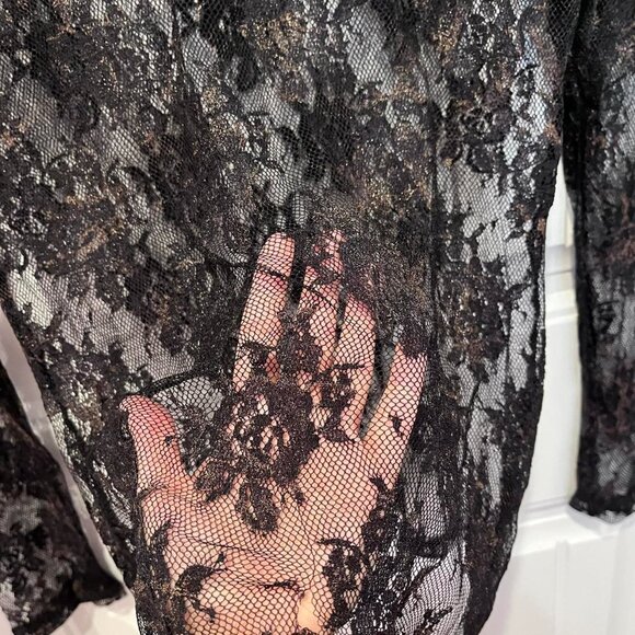 y2k vintage black sheer floral lace gold accent long sleeve top size medium - Picture 2 of 7